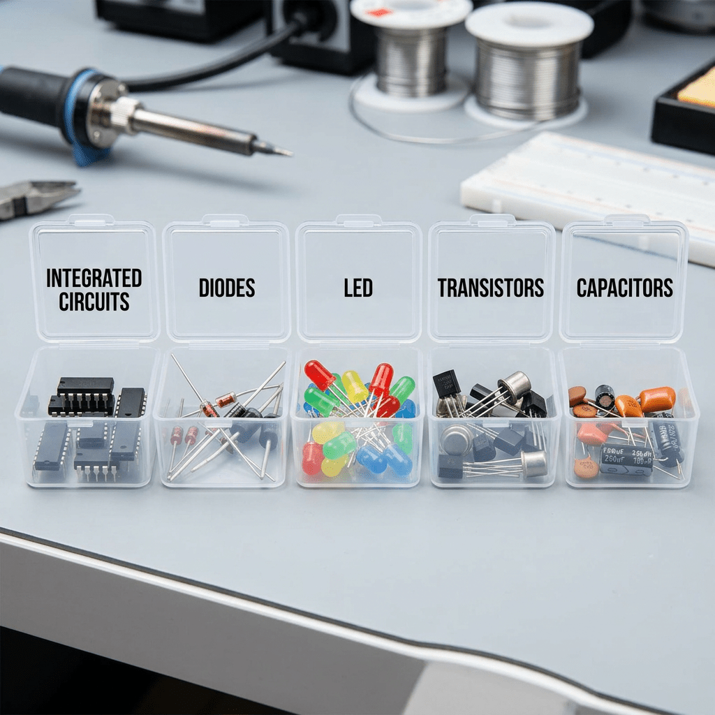 Add text: INTEGRATED CIRCUITS, DIODES, LED, TRANSISTORS, CAPACITORS
